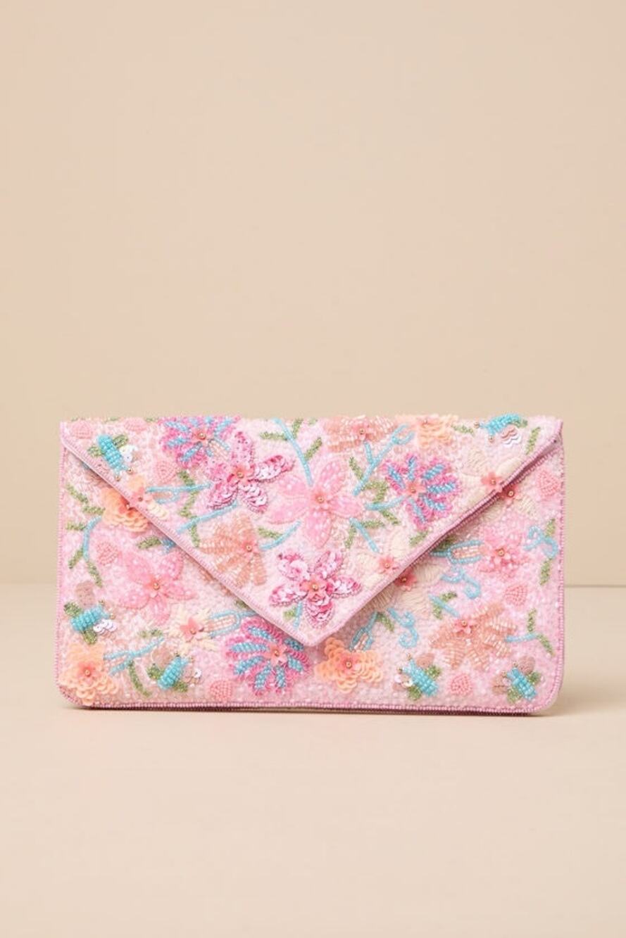 NWT Lulus Beautiful Aspirations Pink Floral Sequin Beaded Clutch Pink w/Chain